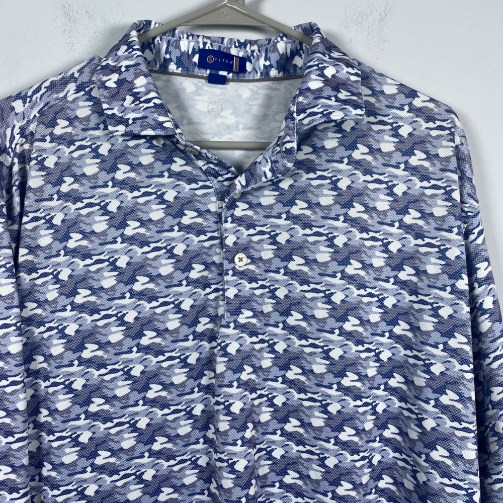Vintage Stitch Golf Polo Shirt Men's Large Blue White Camo Performance Stretch
